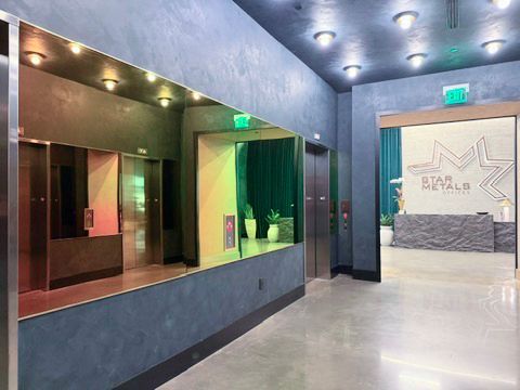 A hallway with elevators and a large peacock mirror glass on the wall.