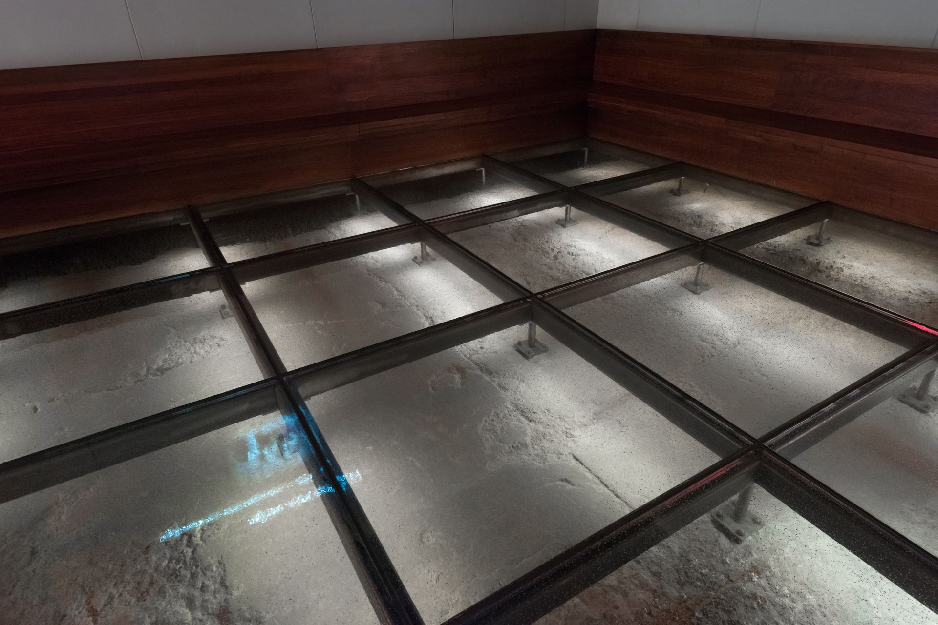Empty wet tiled floor with dark grid lines and a wooden wall in the background