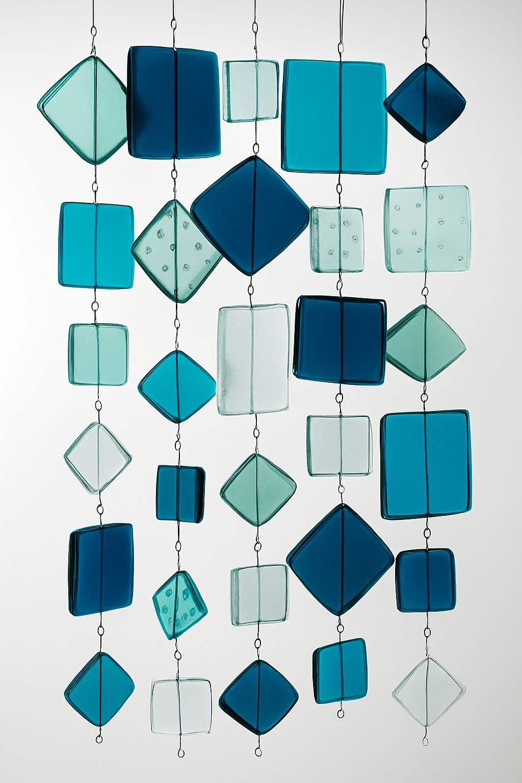 Hanging geometric glass ornaments in teal, blue, and clear on thin wires against a white background