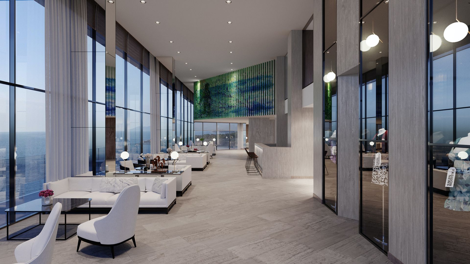 Upscale hotel with floor-to-ceiling glass windows Upscale hotel with floor-to-ceiling glass windows