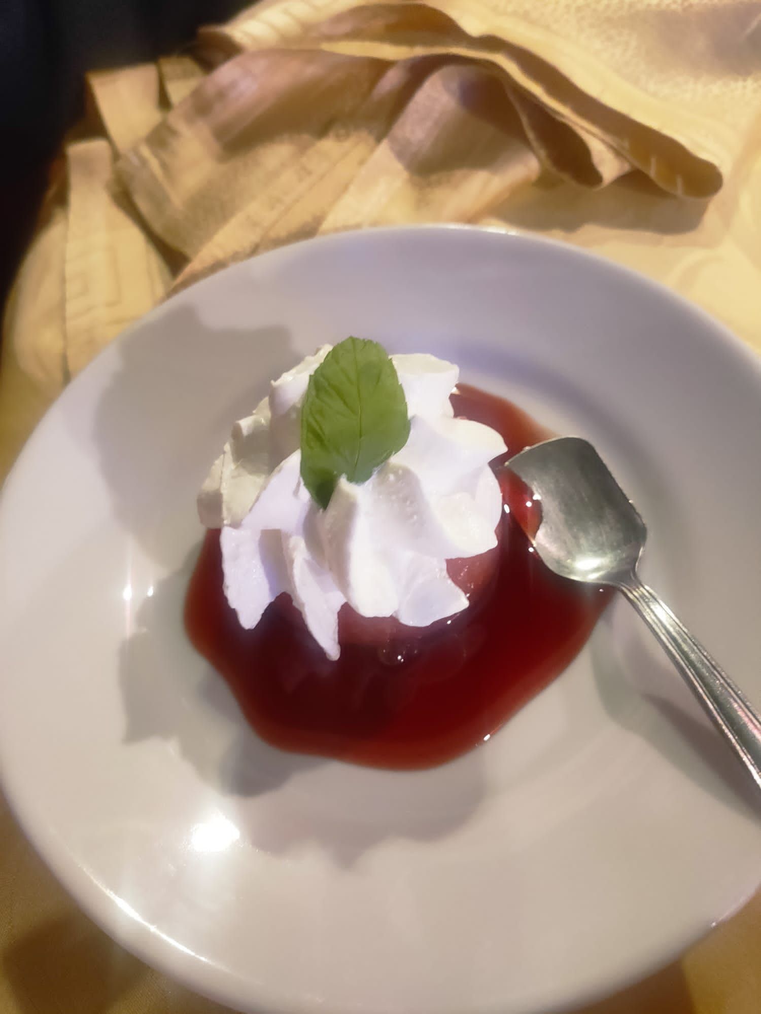 Un dessert servito su un piatto bianco, guarnito con panna montata e una fogliolina di menta, ricoperto di salsa ai frutti rossi e servito con un cucchiaio d'argento.