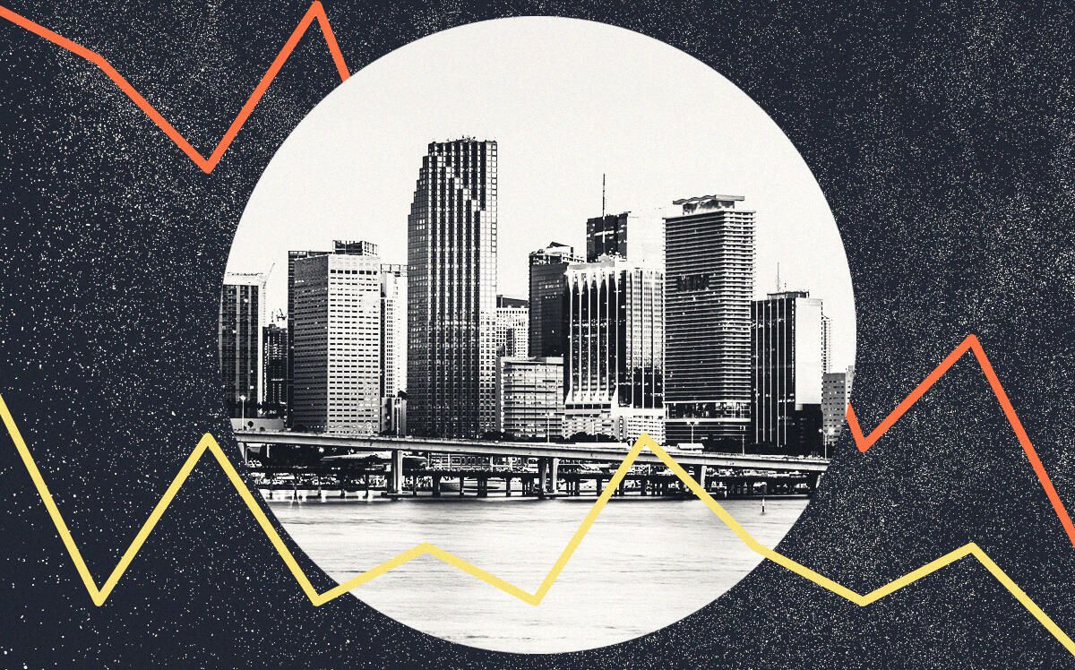 A monochrome city skyline centered in a circle, framed by jagged orange and yellow trend lines on a dark, textured background.