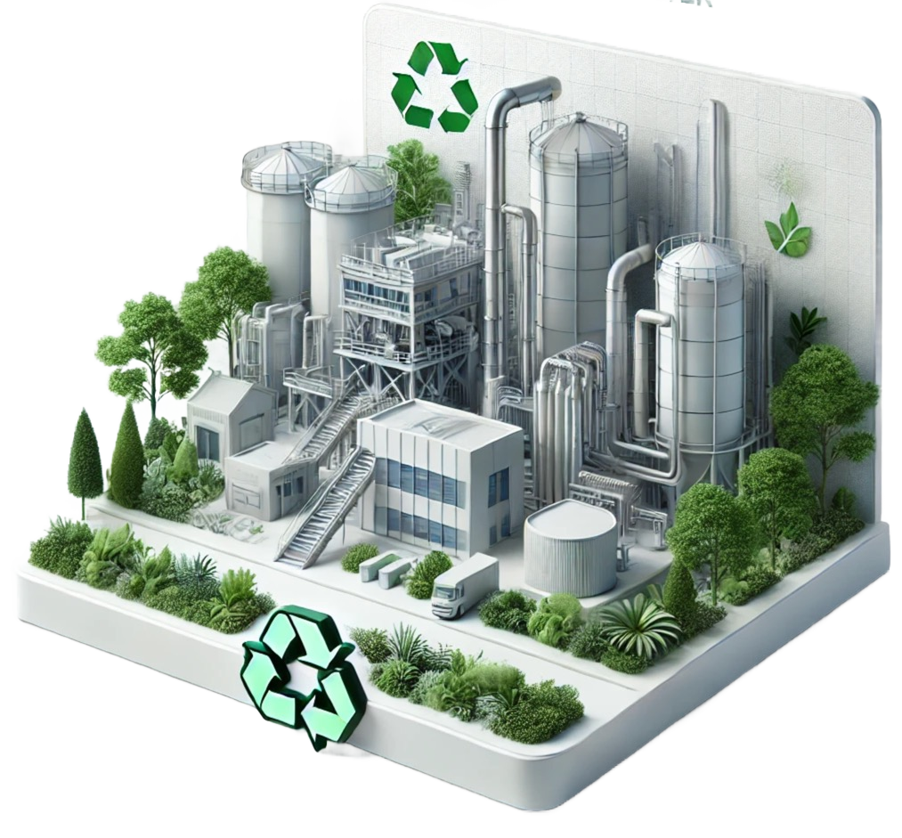 A model of a factory with a recycling symbol on it