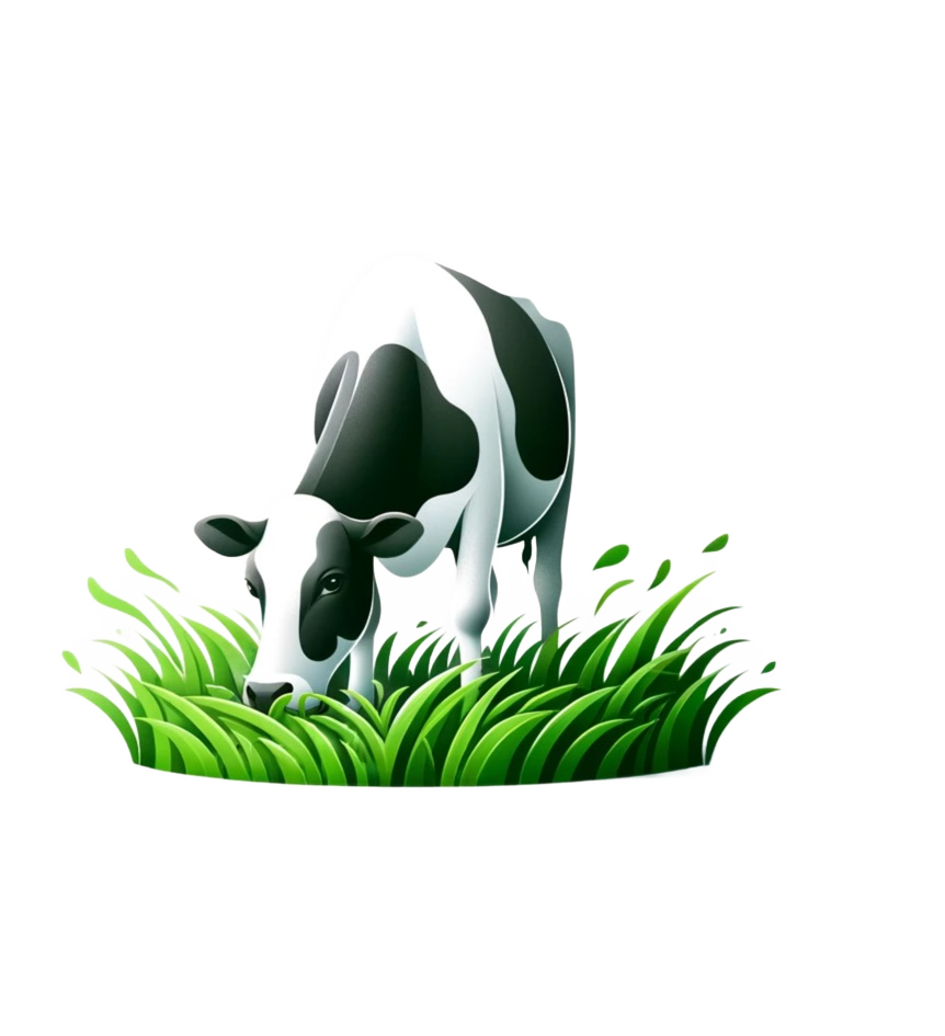 A black and white cow is eating grass on a white background.