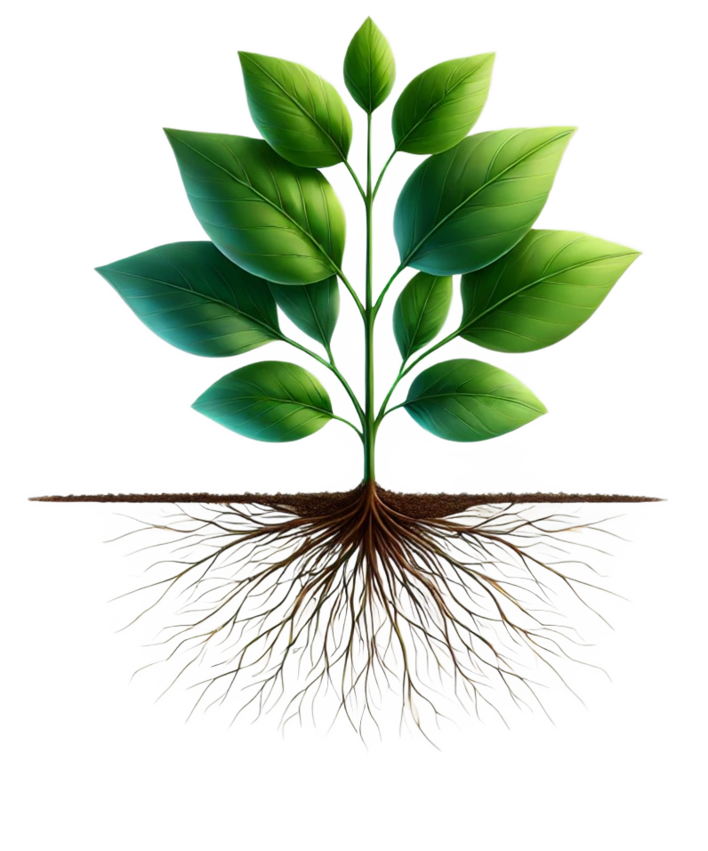 Biobusters | A plant with roots and green leaves on a white background