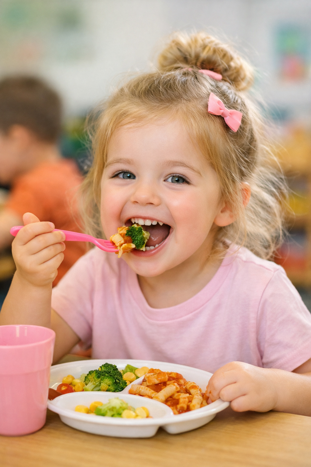 Happy child enjoying healthy nursery meal