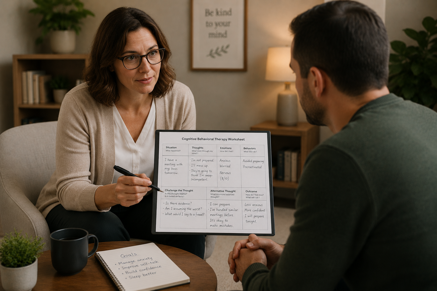 CBT outcomes anxiety recovery therapy session worksheet