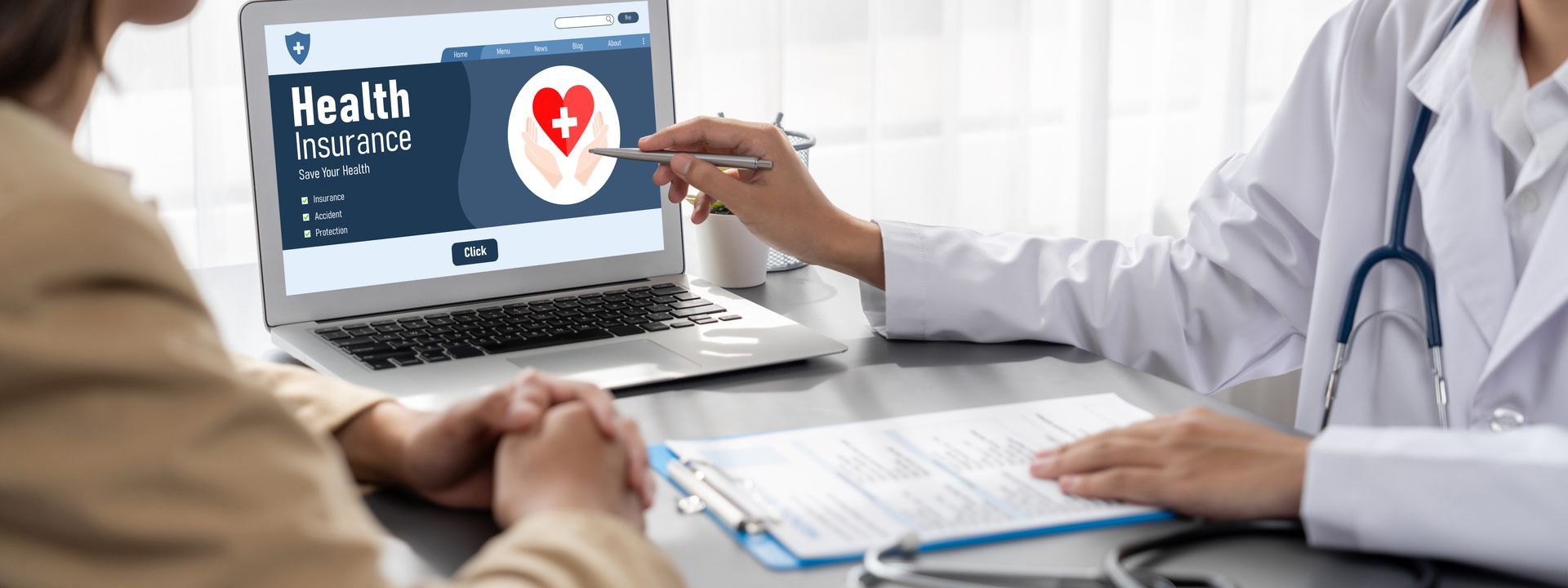Doctor pointing to health insurance information on a laptop screen while consulting a patient. Doctor pointing to health insurance information on a laptop screen while consulting a patient.