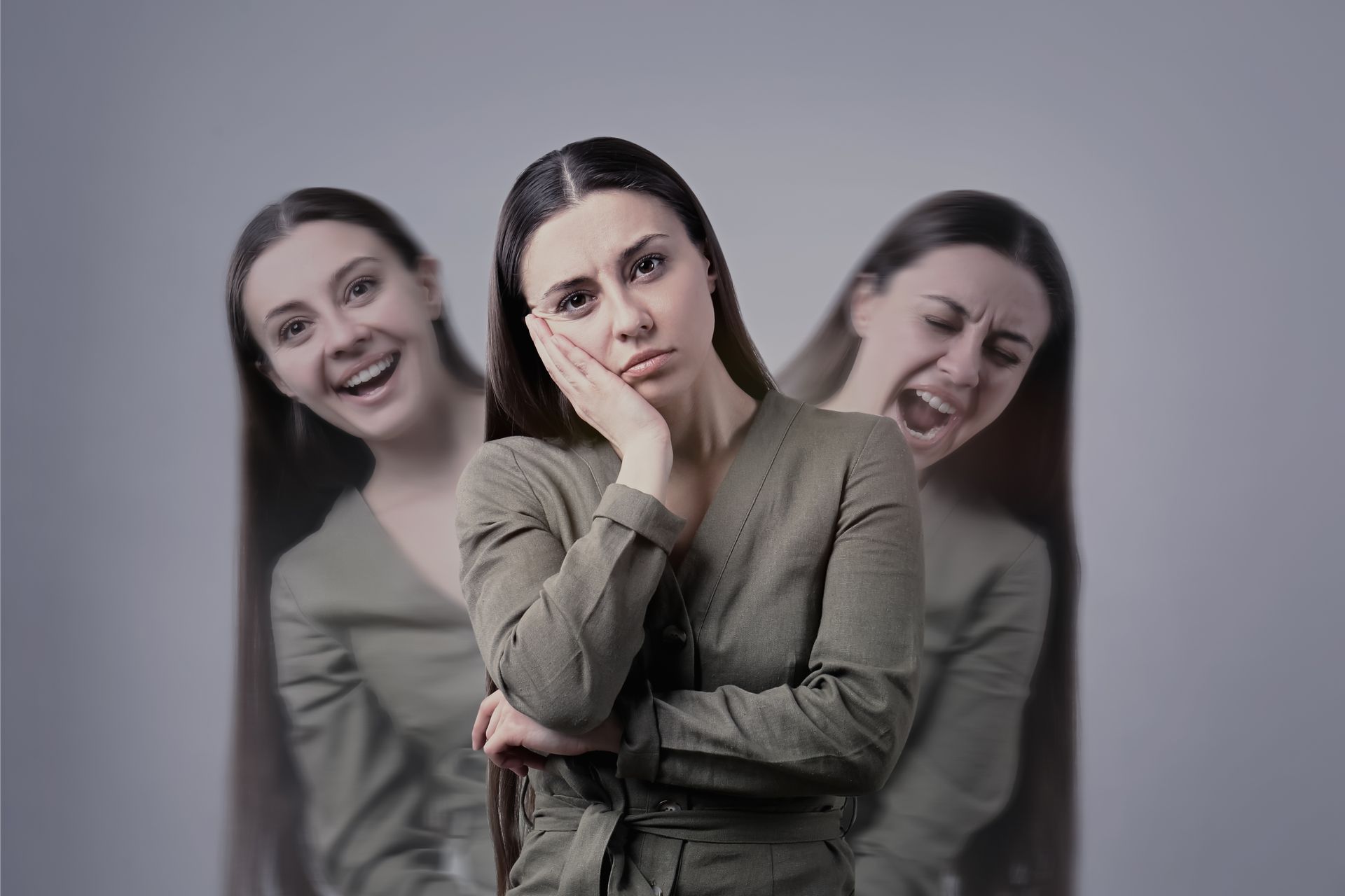 Woman with shifting emotional states: sad in the center, happy to the left, and angry to the right. Woman with shifting emotional states: sad in the center, happy to the left, and angry to the right.