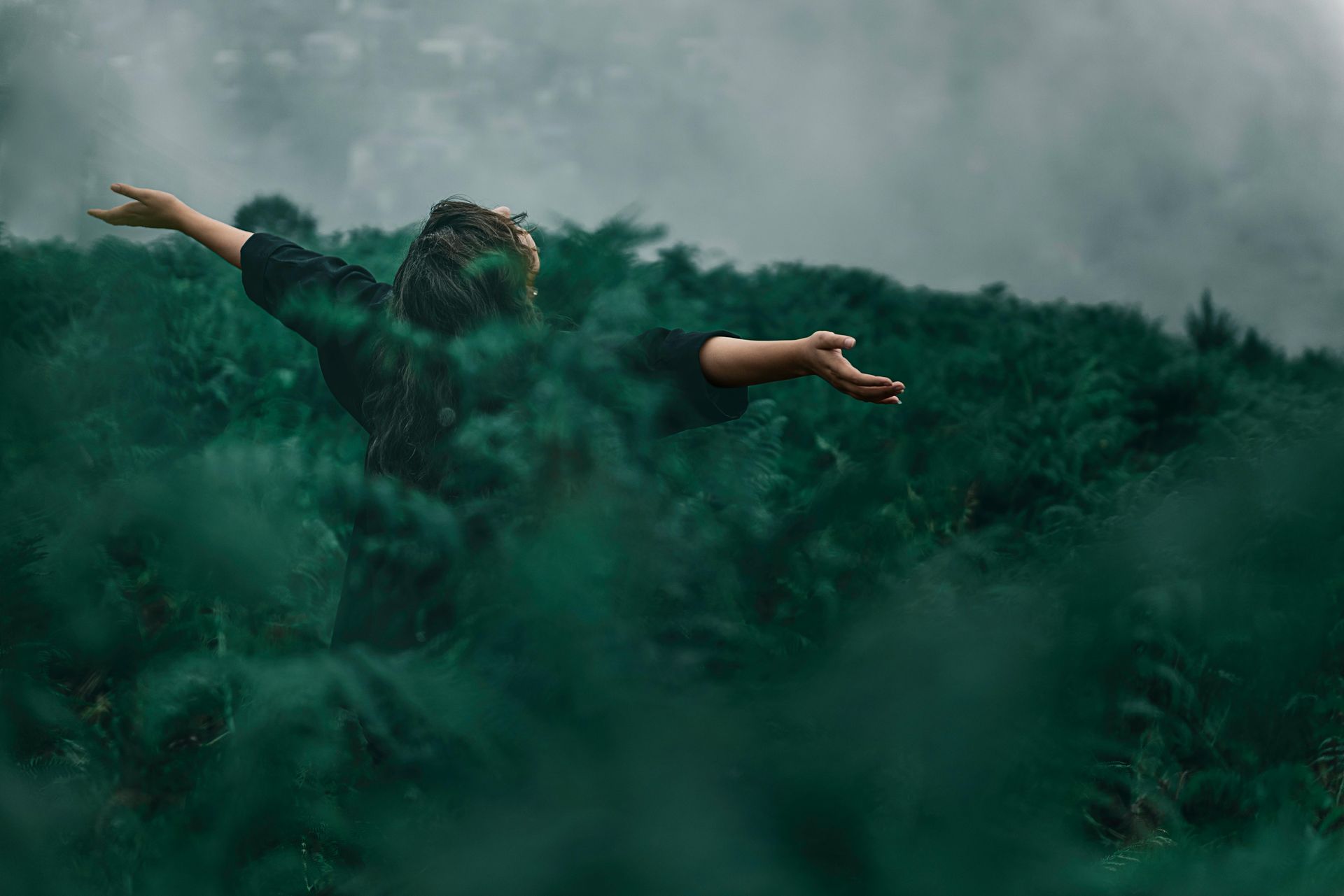 Person with arms outstretched in a field of green foliage, misty atmosphere.