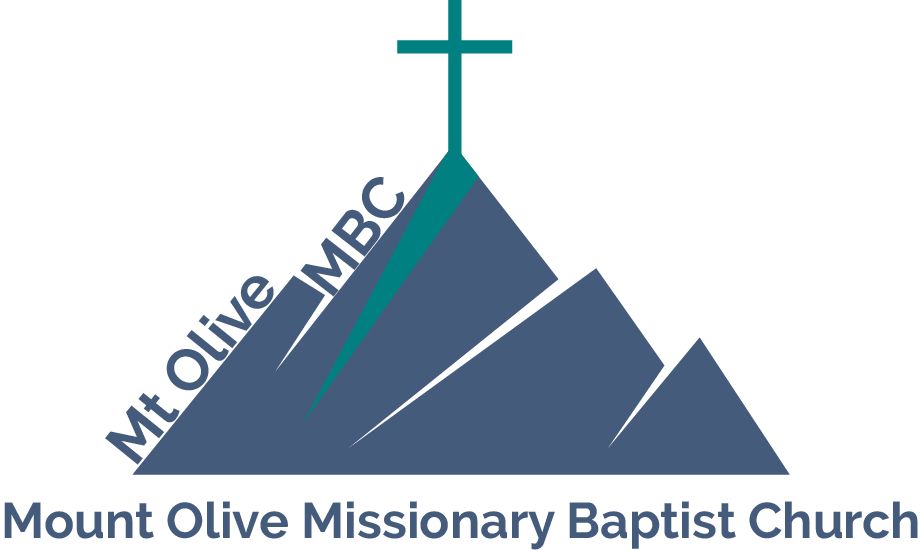Logo for Mount Olive Missionary Baptist Church featuring a blue mountain icon topped with a green cross.