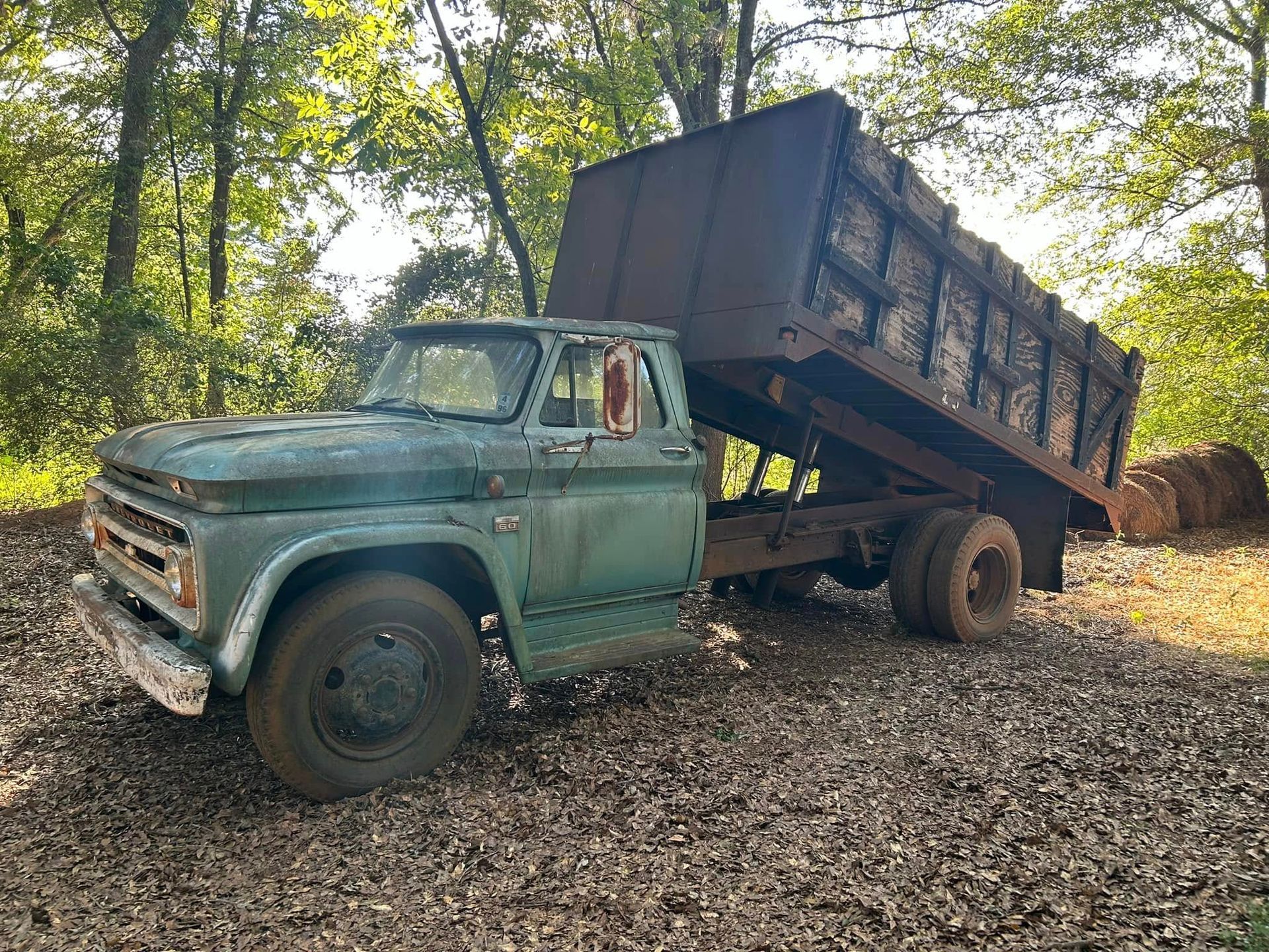 Green dump truck with raised bed in a wooded area.