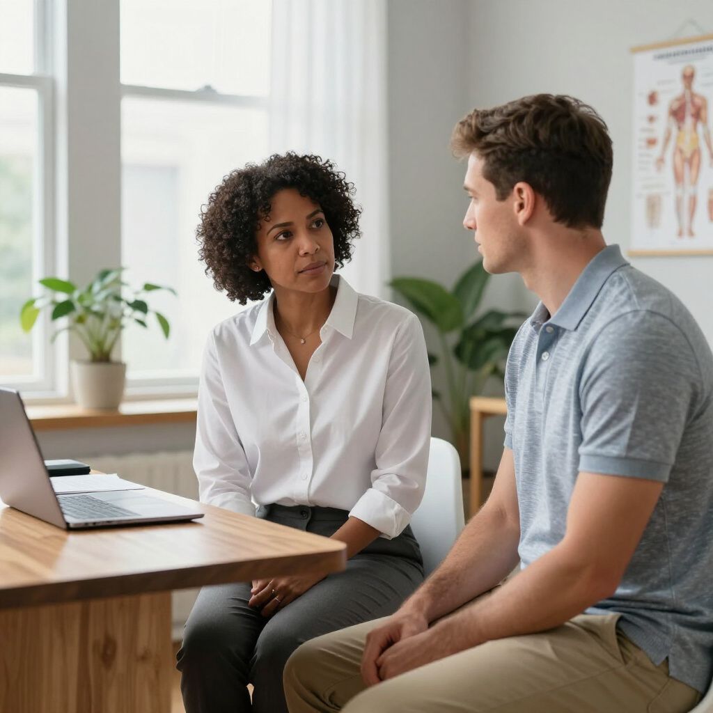 Woman and man seated at a desk, looking at each other; doctor's office setting with a laptop and anatomical chart.