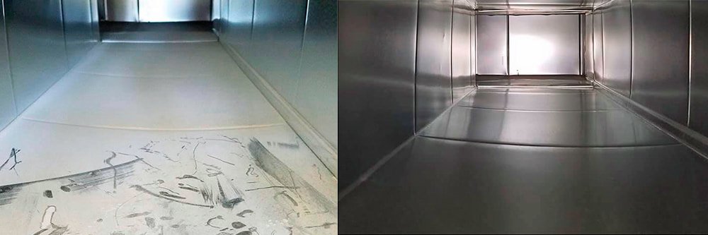 a dirty air duct before cleaning next to the clean duct after cleaning
