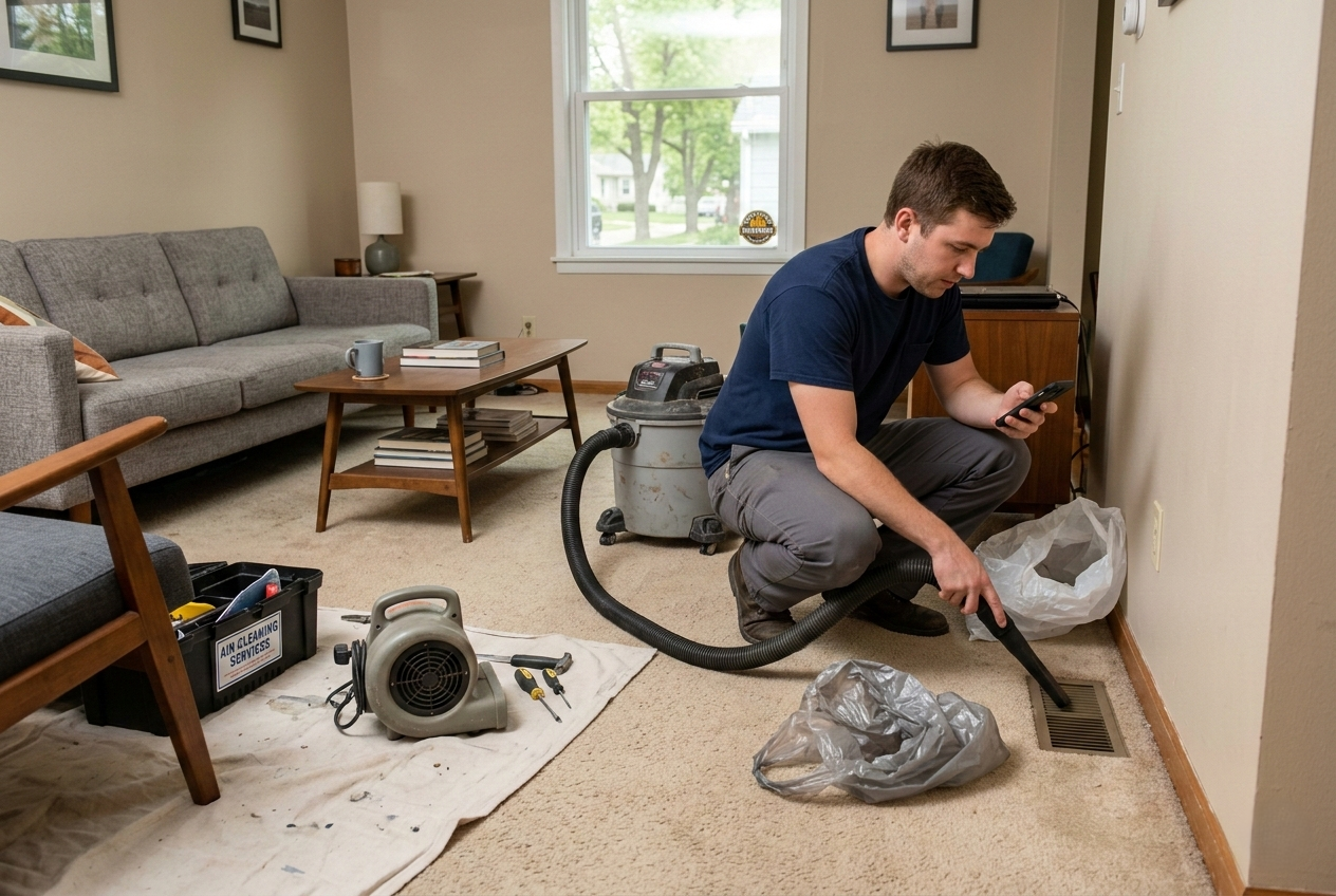 Technician performing a quick, improper air duct cleaning in Michigan to illustrate a 