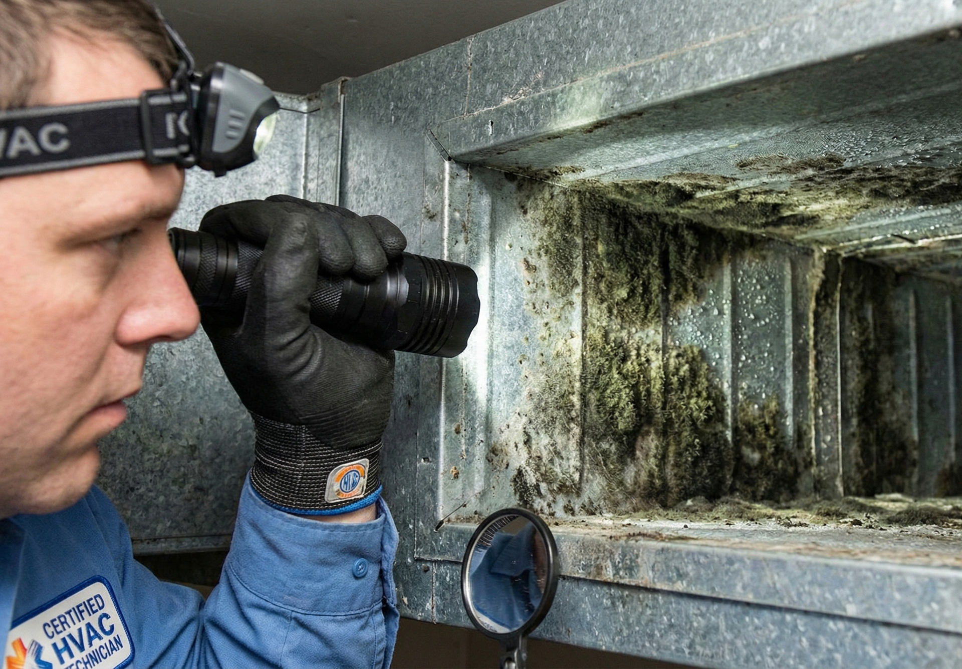 Technician inspects a dirty HVAC duct with a flashlight, wearing gloves and headlamp.