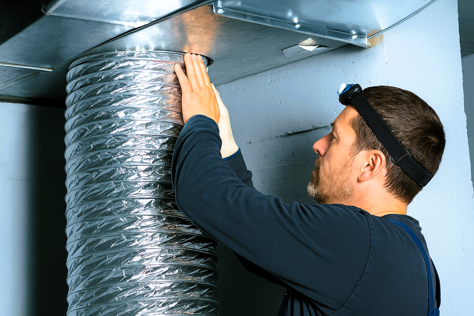 worker adjusting duct pipe during basement duct replacement