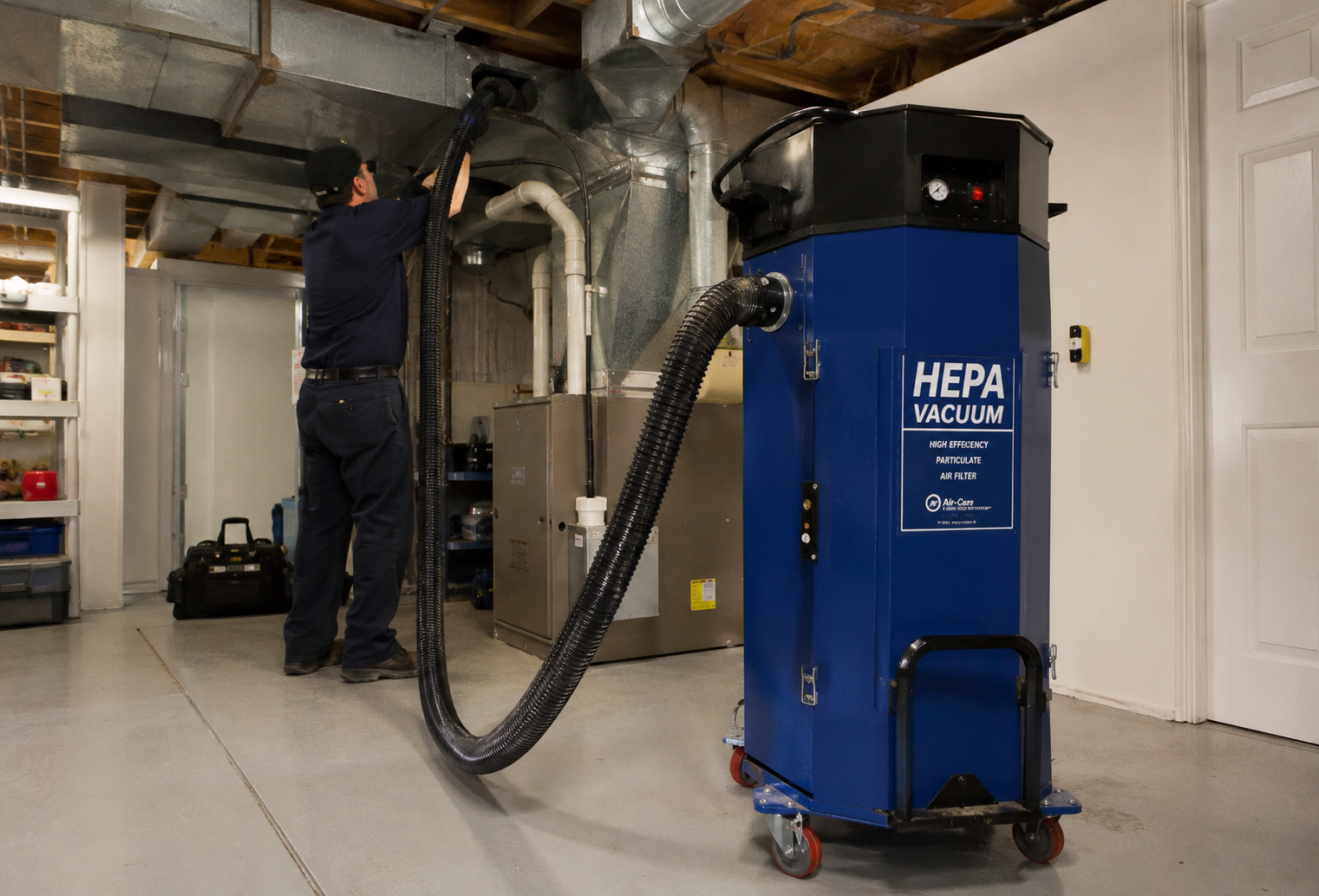 High-powered HEPA vacuum system attached to air ductwork.