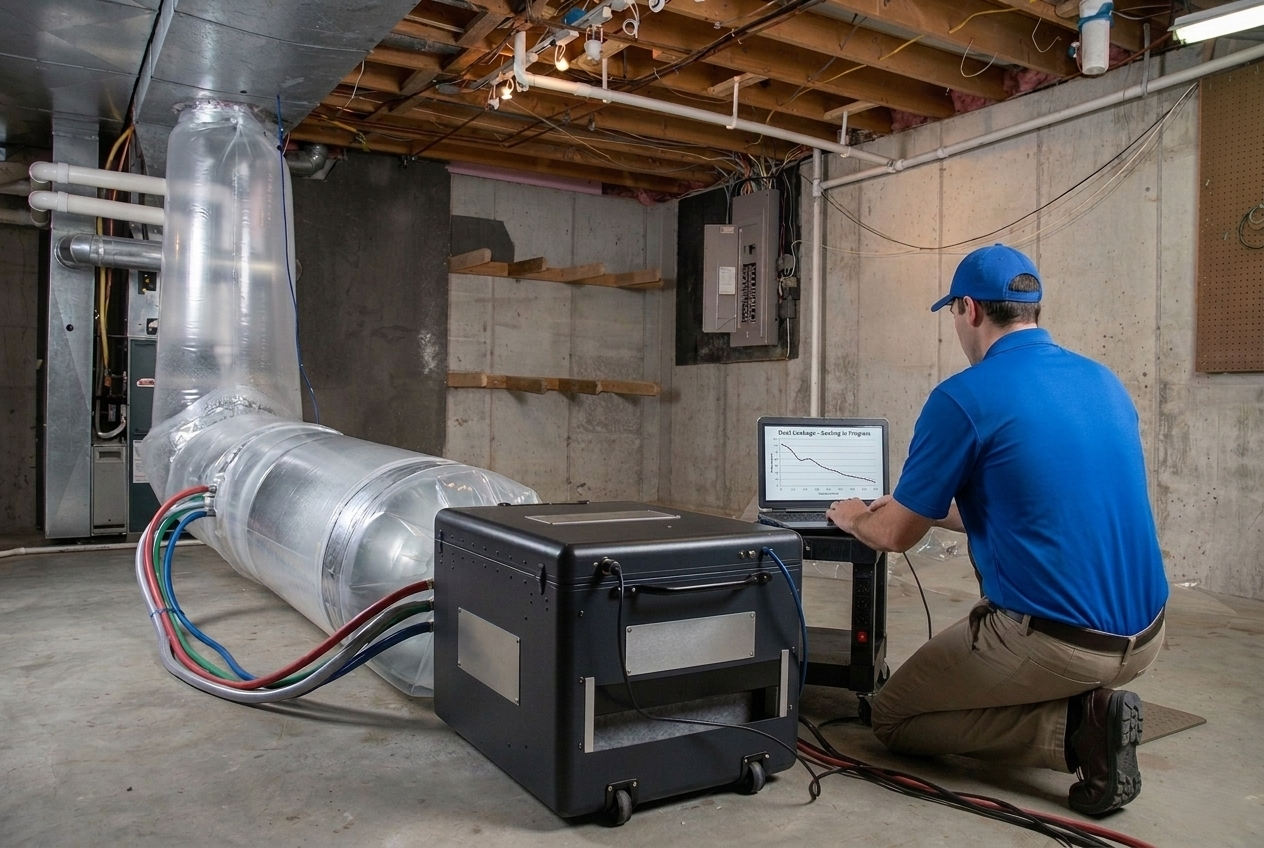 Technician using a laptop to inspect HVAC ductwork in an unfinished basement room.