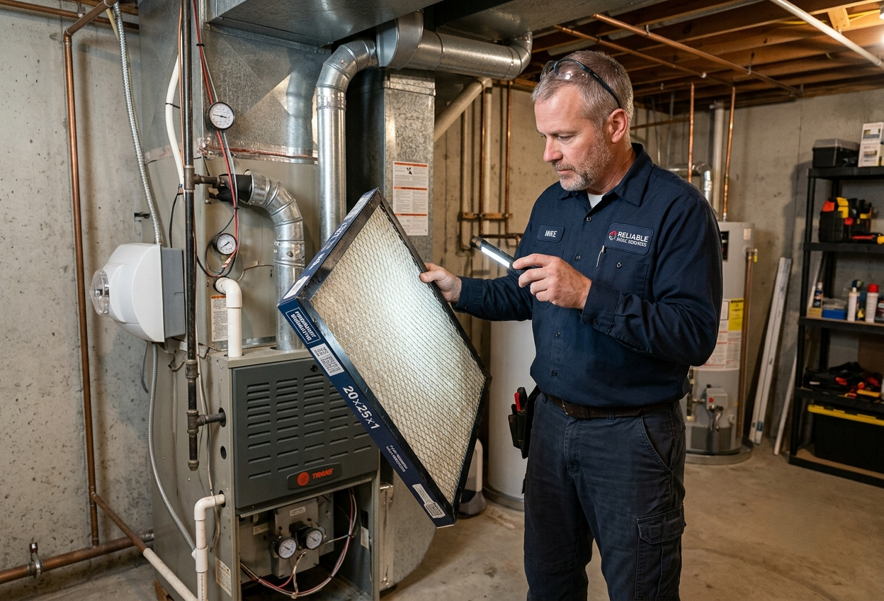 HVAC technician inspecting a reusable air filter with a light.