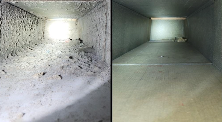 Side-by-side view of a dirty duct interior and the same duct cleaned, with bright opening at the end.