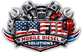 A logo for "Exfil Mobile Diesel Solutions" with a truck, engine pistons, gears, wrenches, and a red, white, and blue motif.
