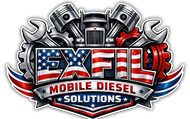 A logo for "Exfil Mobile Diesel Solutions" with a truck, engine pistons, gears, wrenches, and a red, white, and blue motif.
