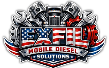 A logo for "Exfil Mobile Diesel Solutions" with a truck, engine pistons, gears, wrenches, and a red, white, and blue motif.