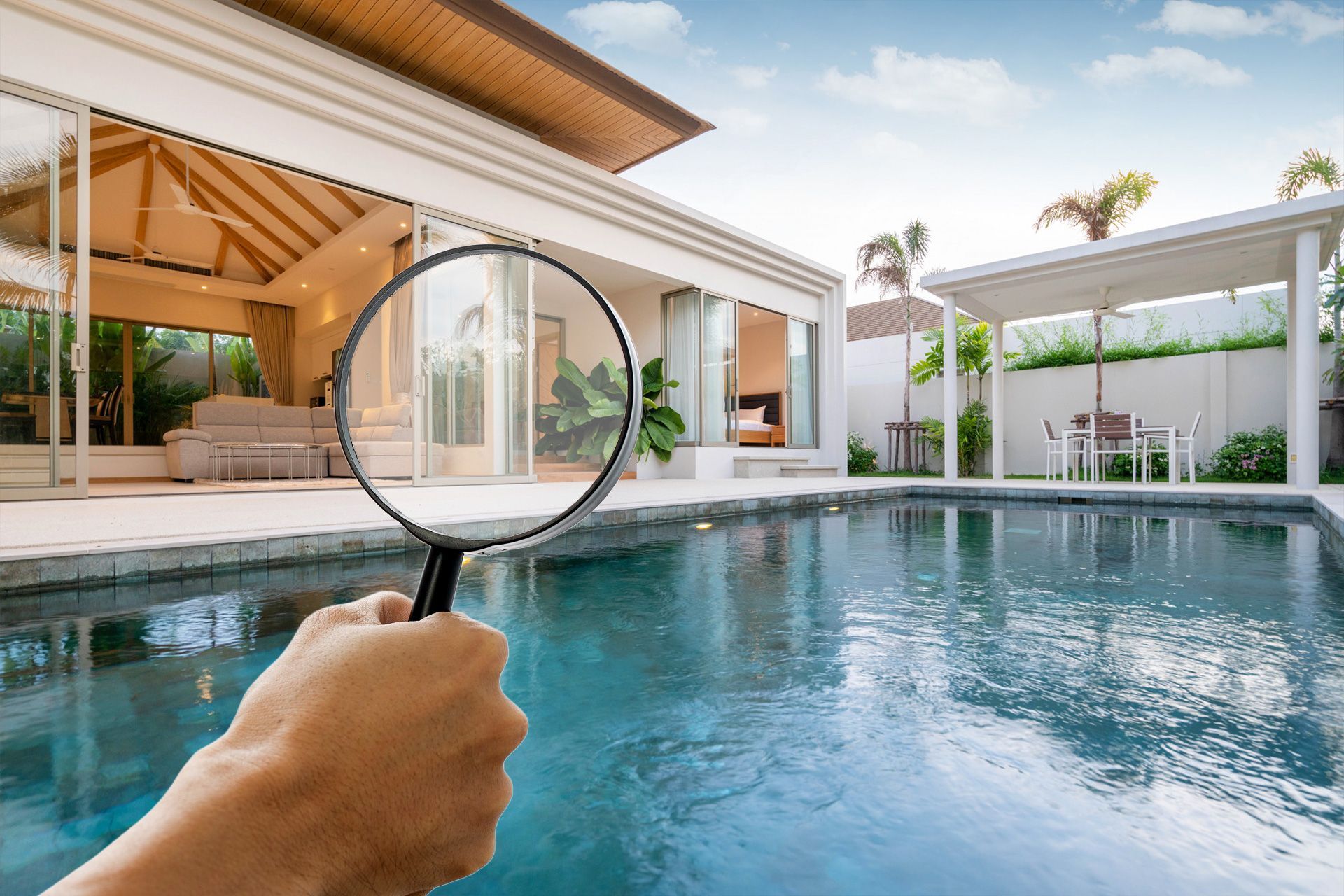 Pool inspector reviewing safety features of swimming pool