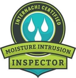 InterNACHI Certified Moisture Intrusion Inspector badge with teal water drops and green banner