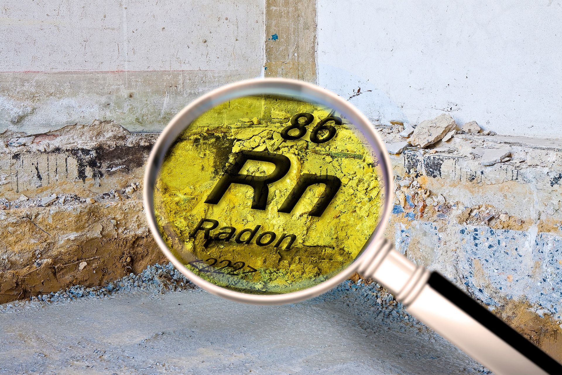 Magnifying glass over “Rn” radon symbol on a yellow wall with mold and cracks