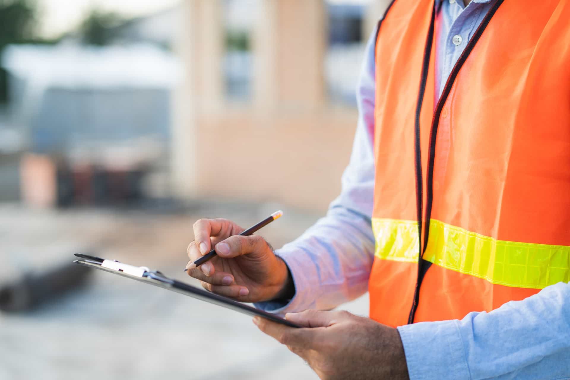 Worker in an orange safety vest writing on a clipboard at a construction site.