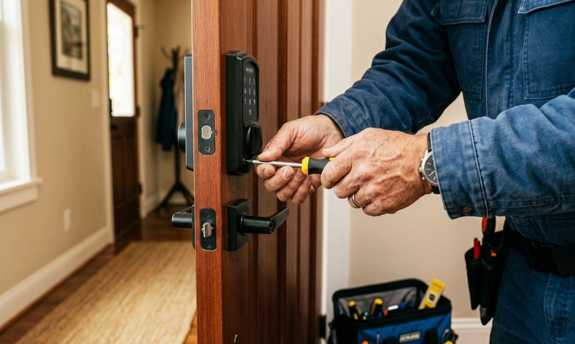Hand adjusting a black door lock with a screwdriver in a hallway.