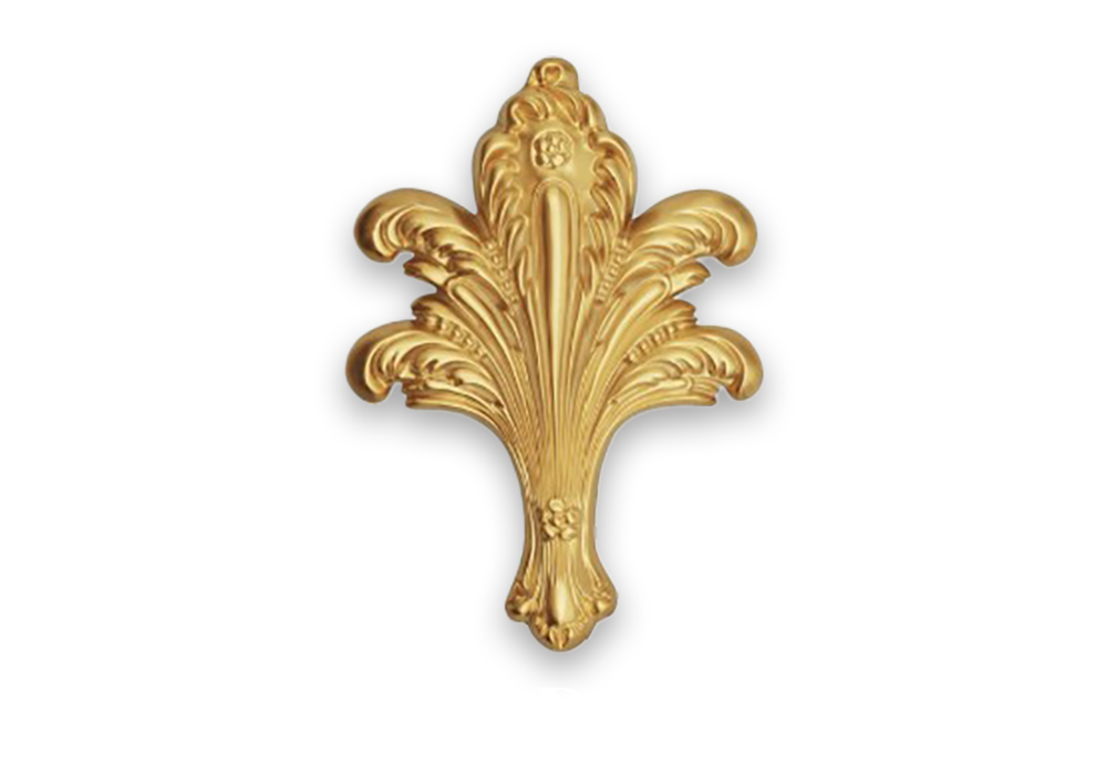 Gold, ornate leaf design above text 