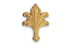 Gold, ornate leaf design above text 