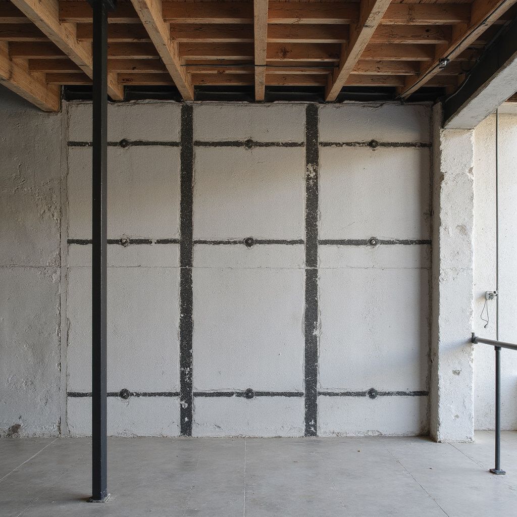 Concrete wall with black vertical and horizontal reinforcement. A black support beam is in front of the wall.
