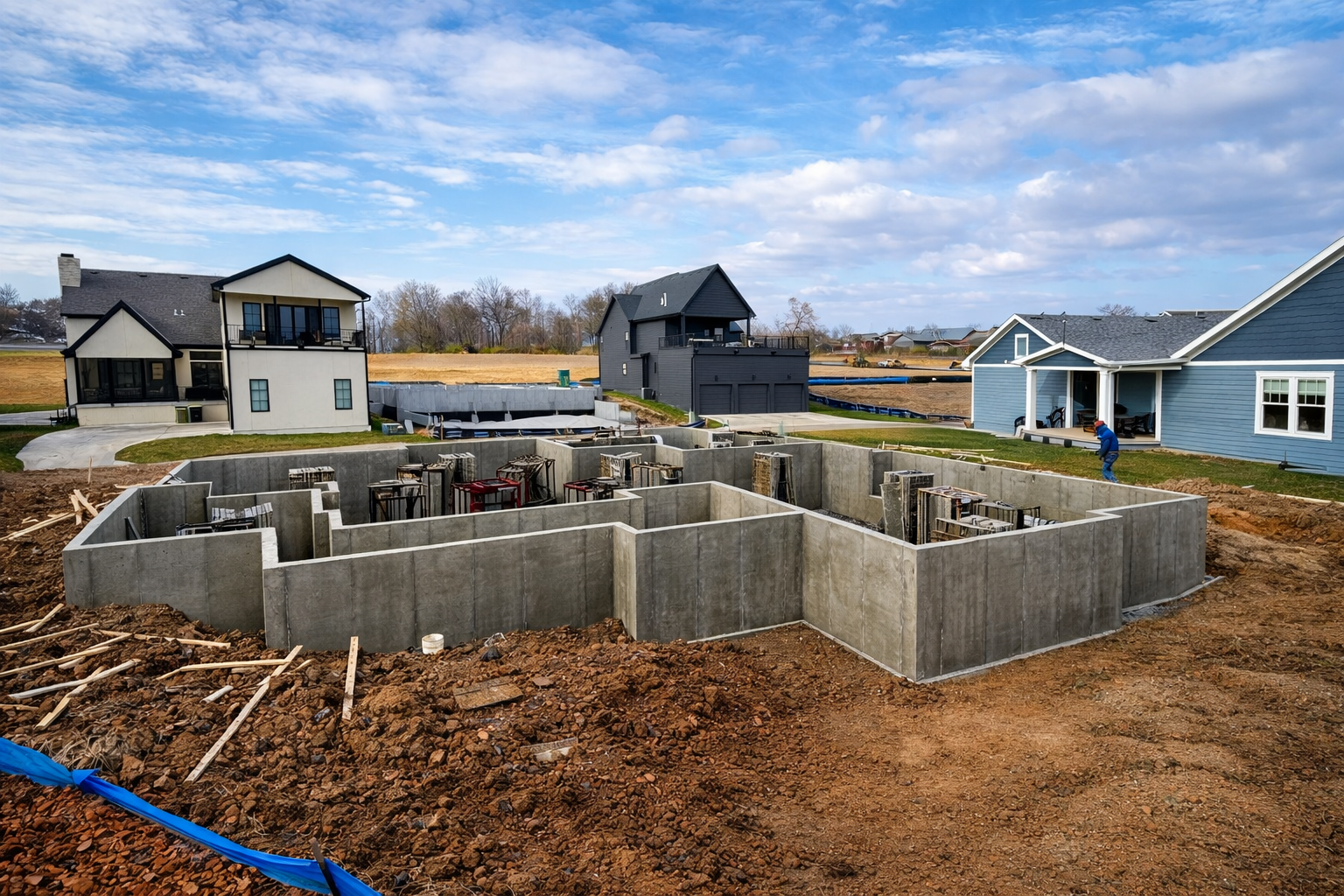 A two-story house under construction with a concrete pool foundation in the foreground and a blue sky background.