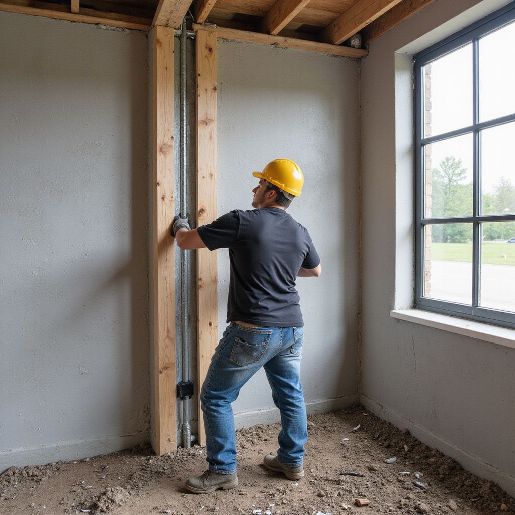 Construction worker in a yellow hard hat installing a metal rail on a wooden frame inside a building.