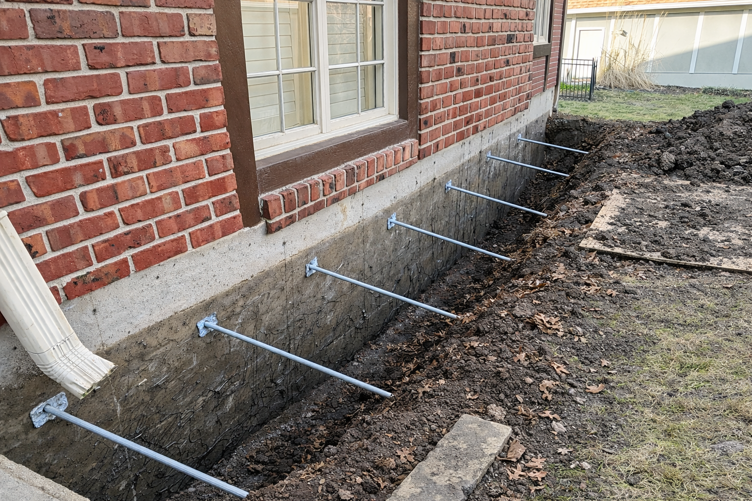 Corner of concrete walls with metal framing under wood ceiling.