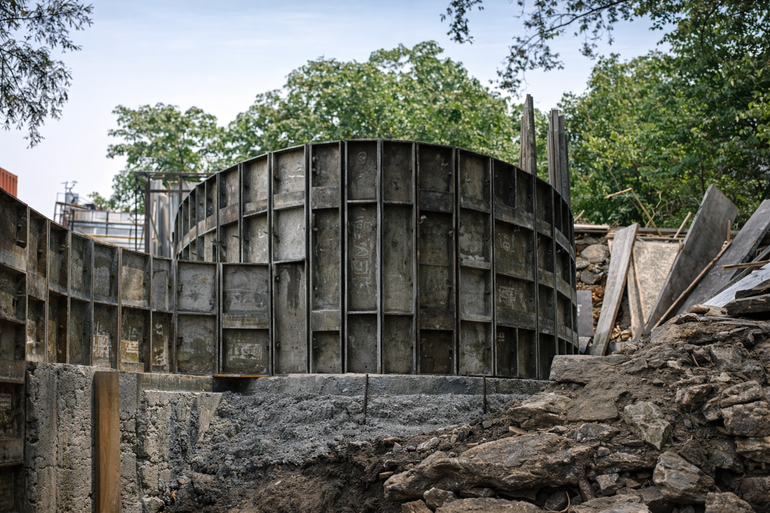 A two-story house under construction with a concrete foundation, surrounded by gravel and dirt.