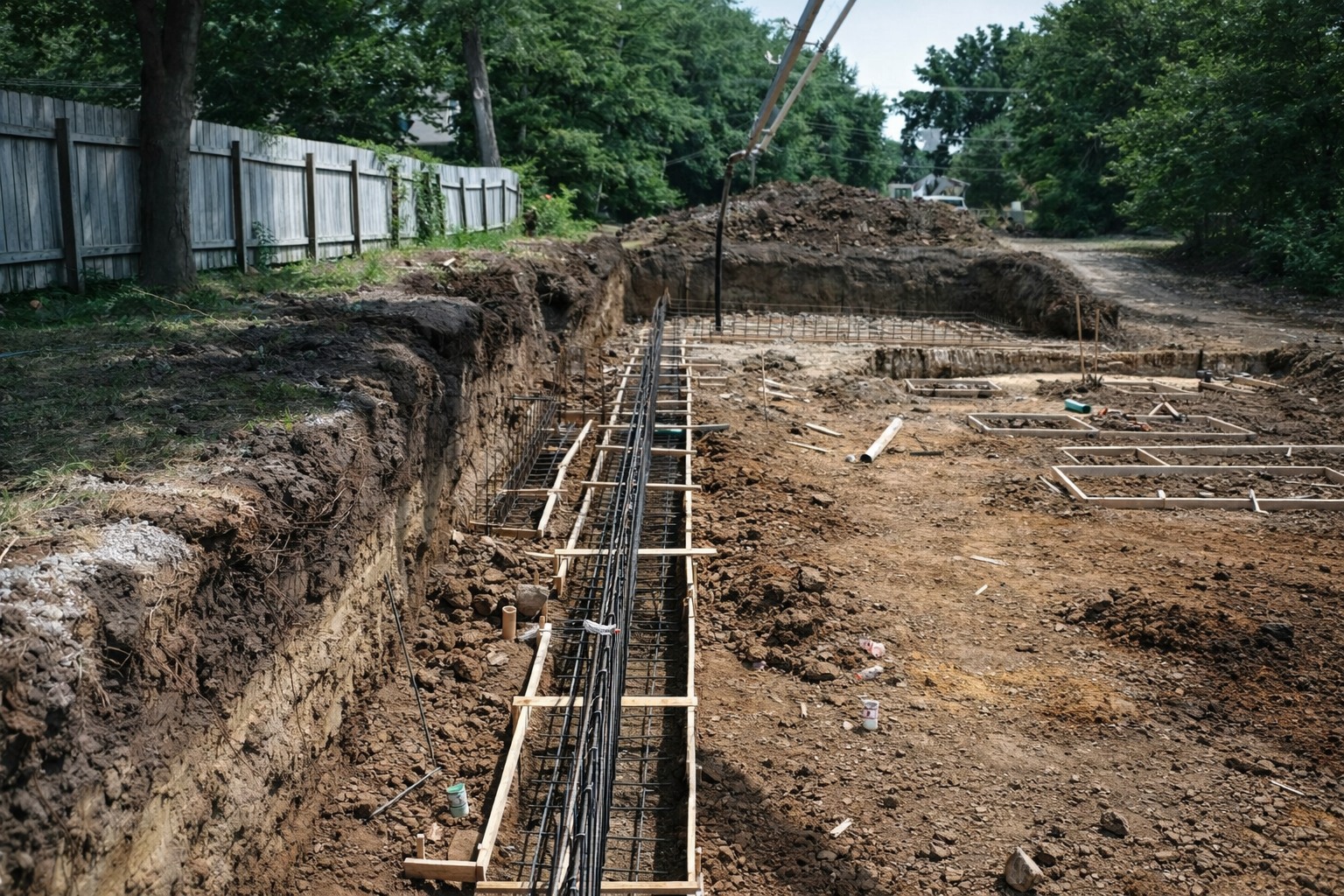 Drainage pipe in a trench in a grassy yard, house in the background.