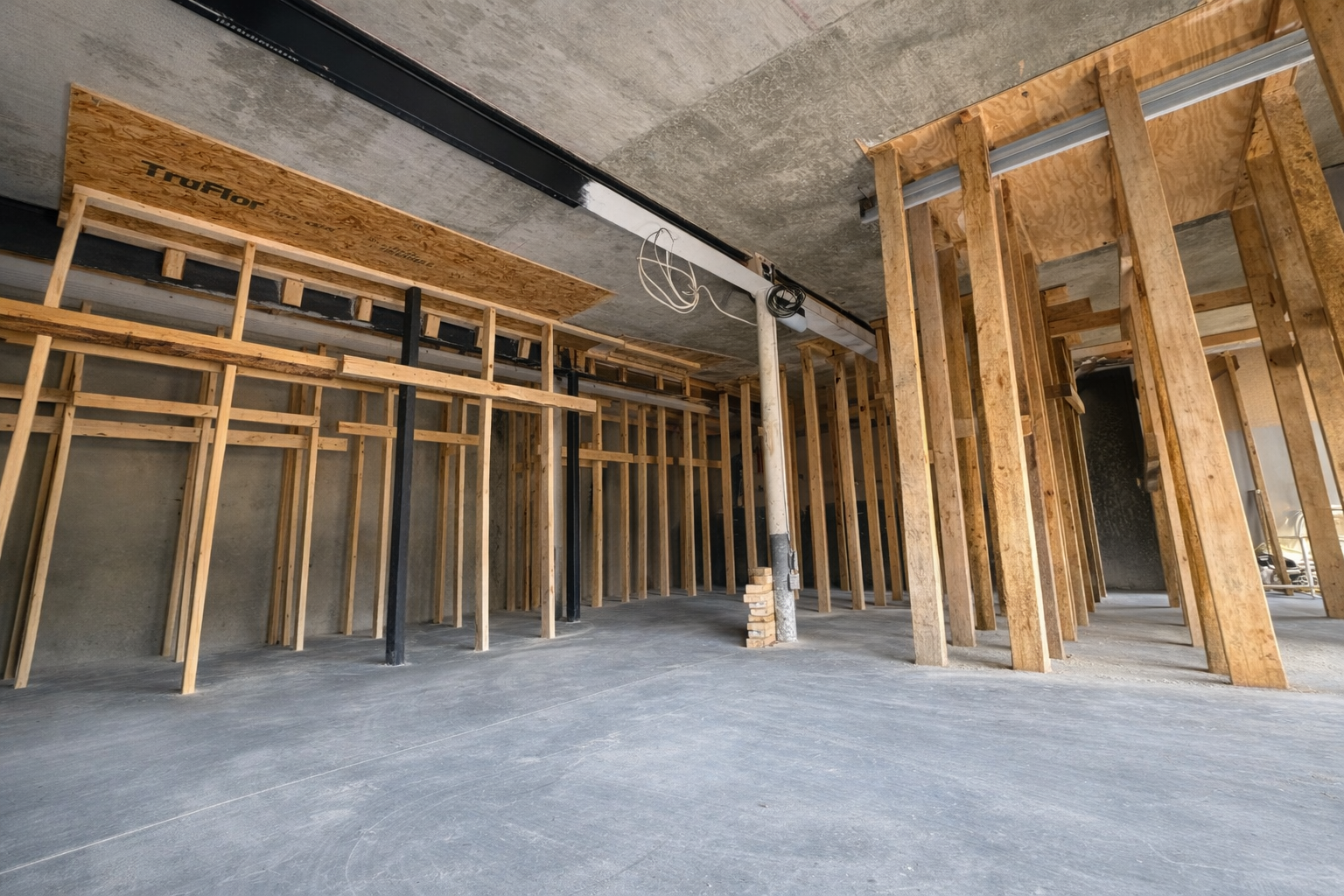 A house under construction with exposed support columns.  A trench is dug around the house; dirt piles surround it.