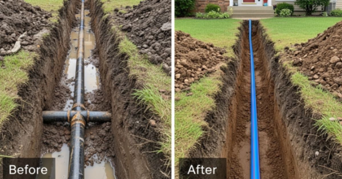 Drainage solutions in Blue Springs MO showing yard water control near foundation by ABI Corporation