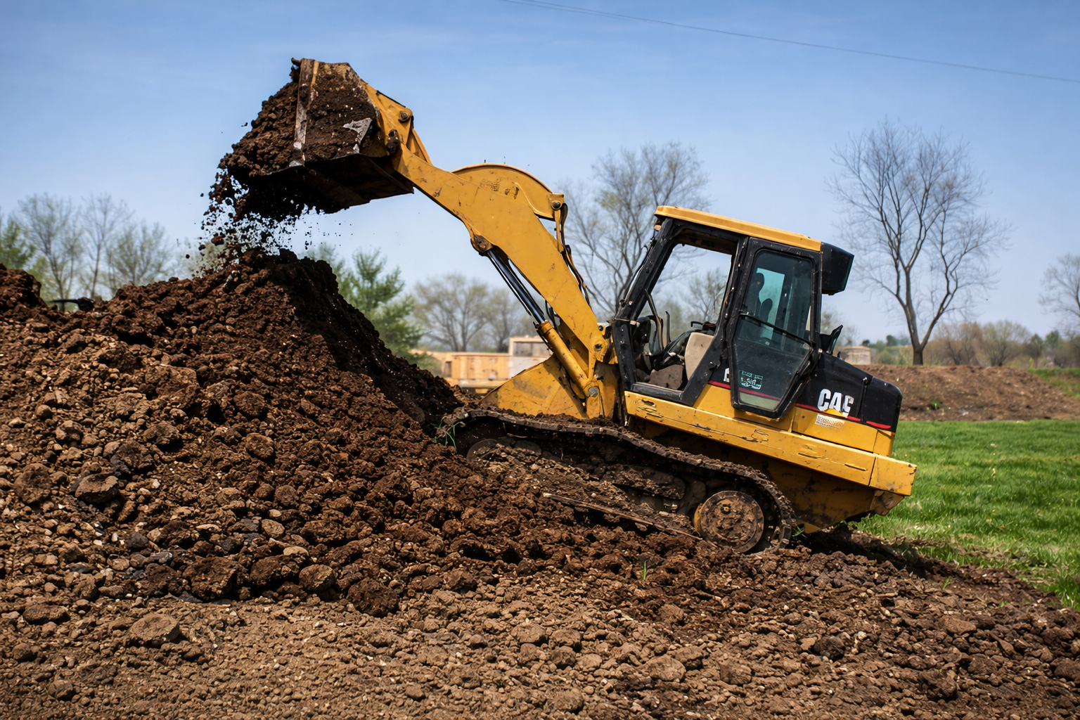 Yellow skid steer digging trench near a house on a sunny day.