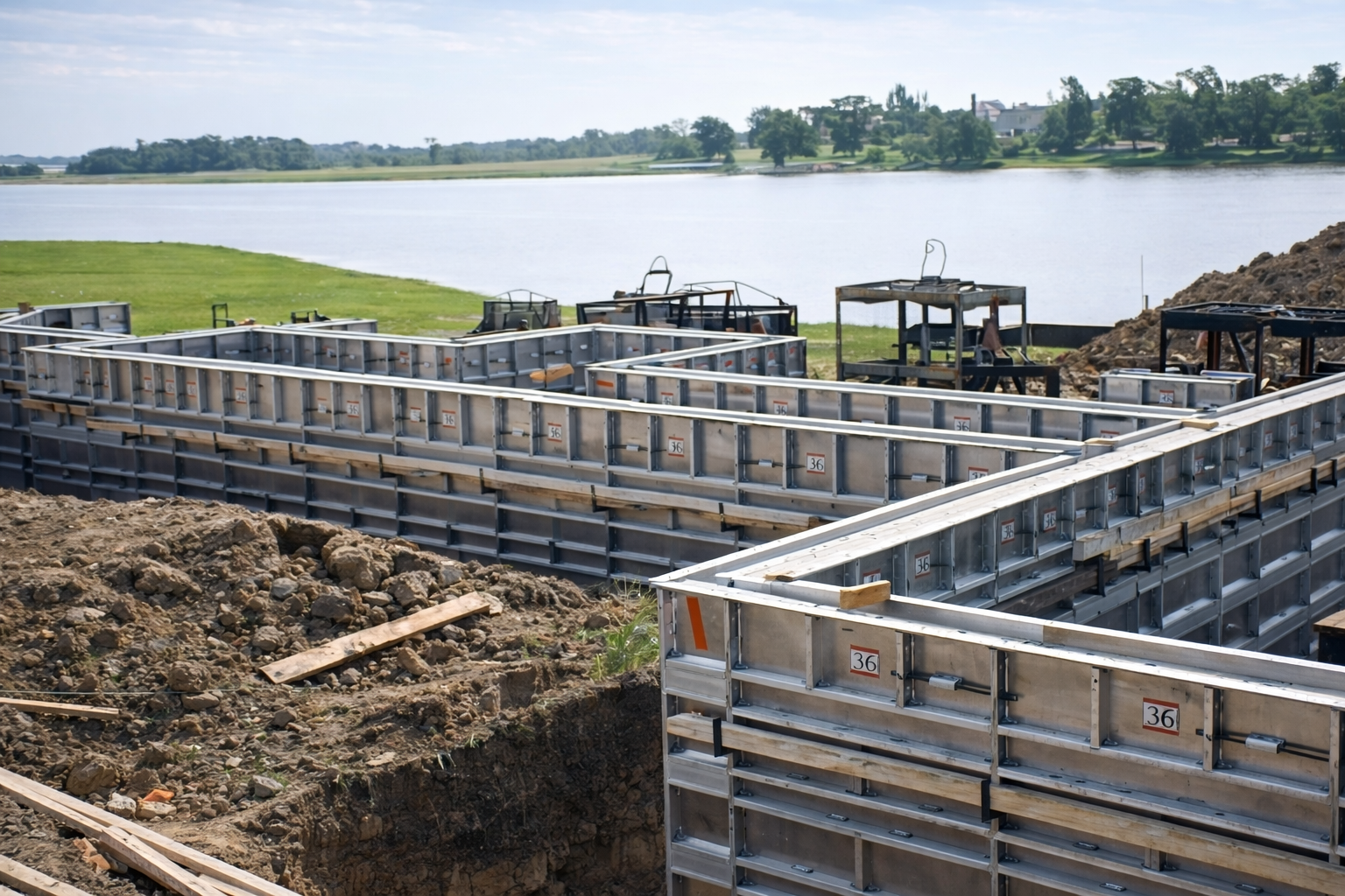 Concrete foundation for a building under construction, in a dirt lot surrounded by trees.