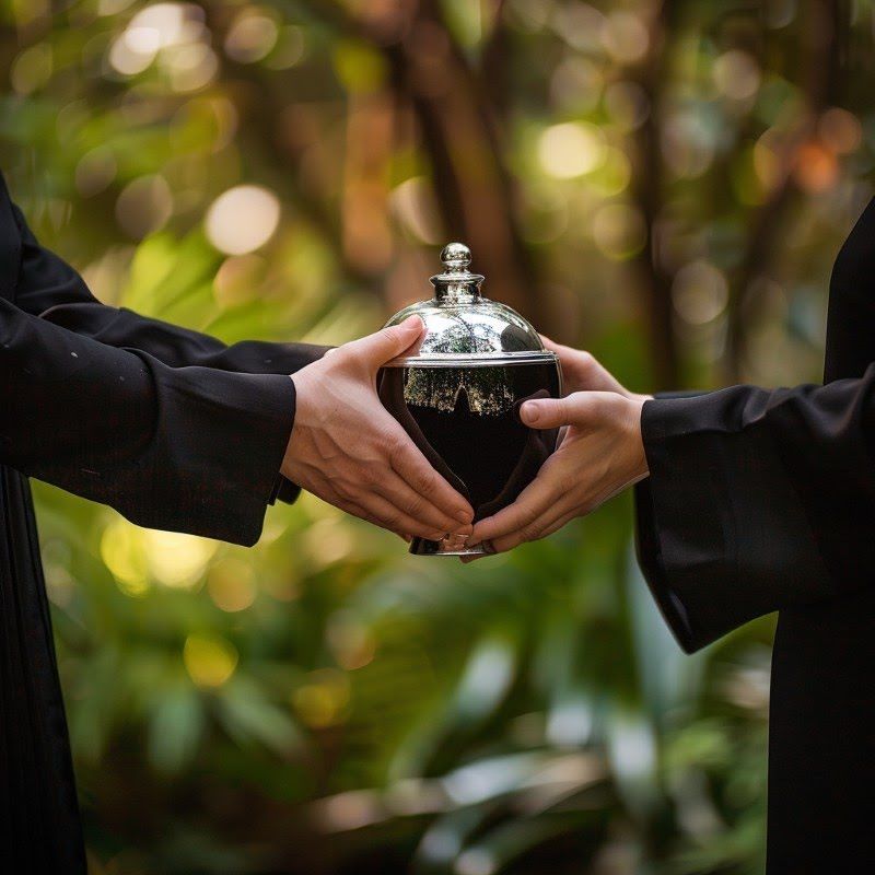 Hands exchanging cremation urn for Direct Cremation Midwest City, OK in serene outdoor setting with natural greenery