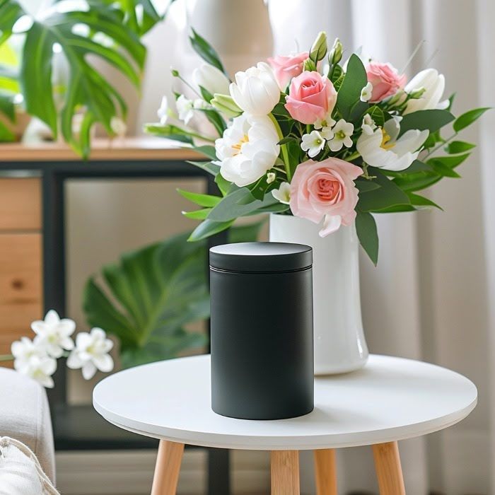 Modern urn with floral arrangement in home setting representing Direct Cremations Norman, OK simple memorial options