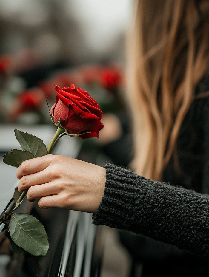 Person holding a red rose at gravesite reflecting Direct Cremations Norman, OK remembrance and memorial tribute