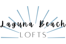Laguna Beach Lofts logo with black script text and pale blue sunburst lines on a white background