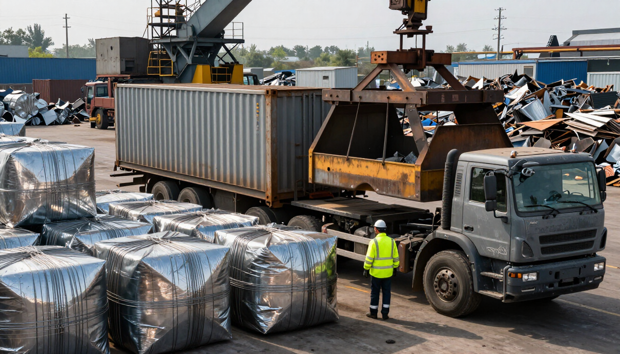 Area di carico Metalfer con camion, container e materiali metallici